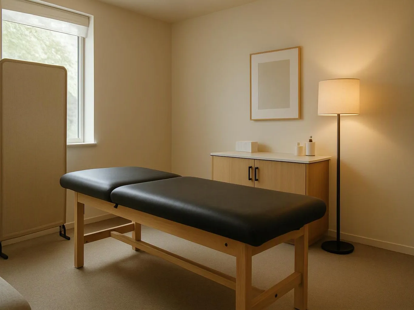A calm treatment room shows a padded exam table, lamp, cabinet, and window with soft beige walls