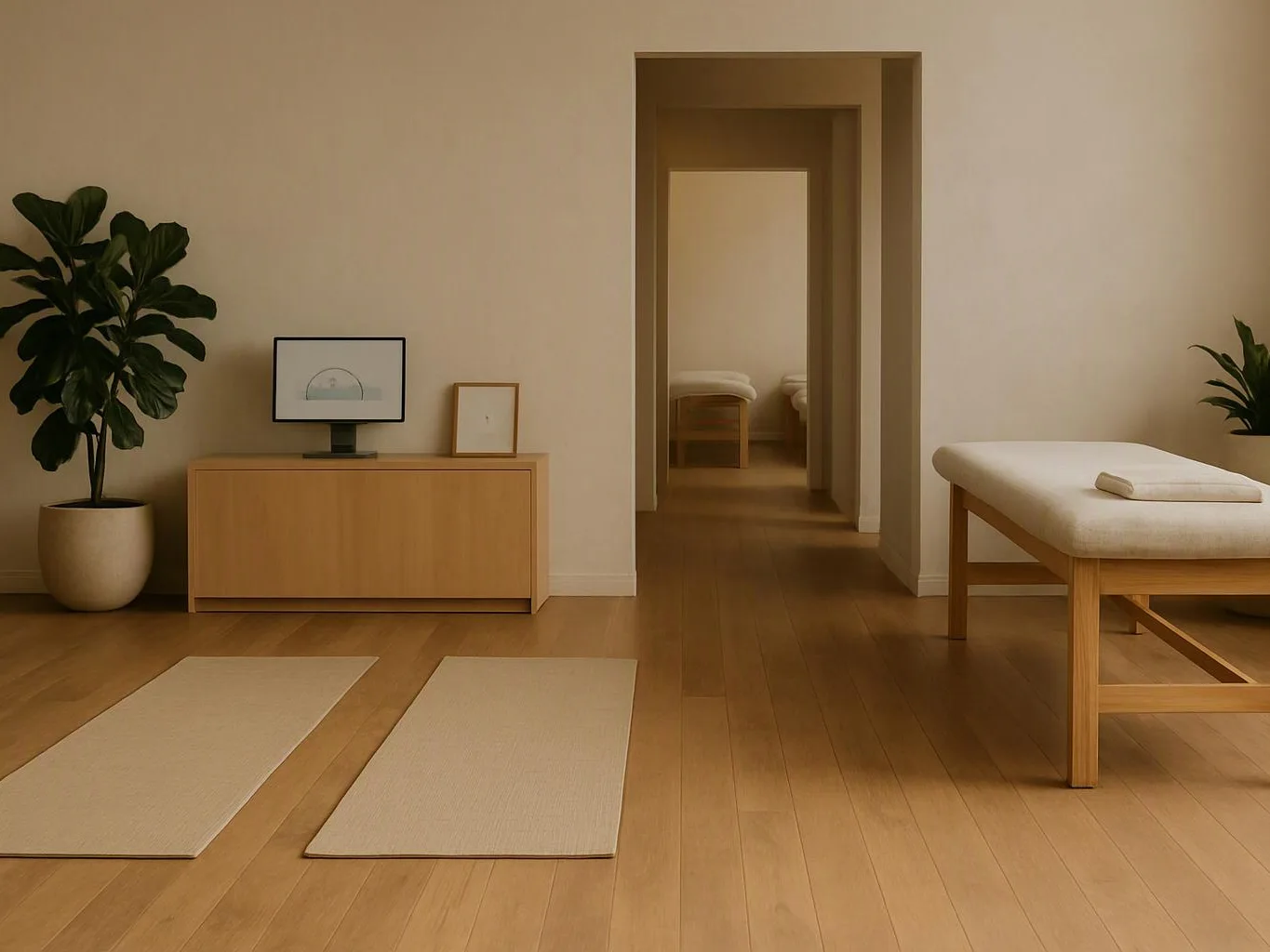 A calm treatment room with wooden floors, a massage table, mats, plants, and a framed monitor on a cabinet