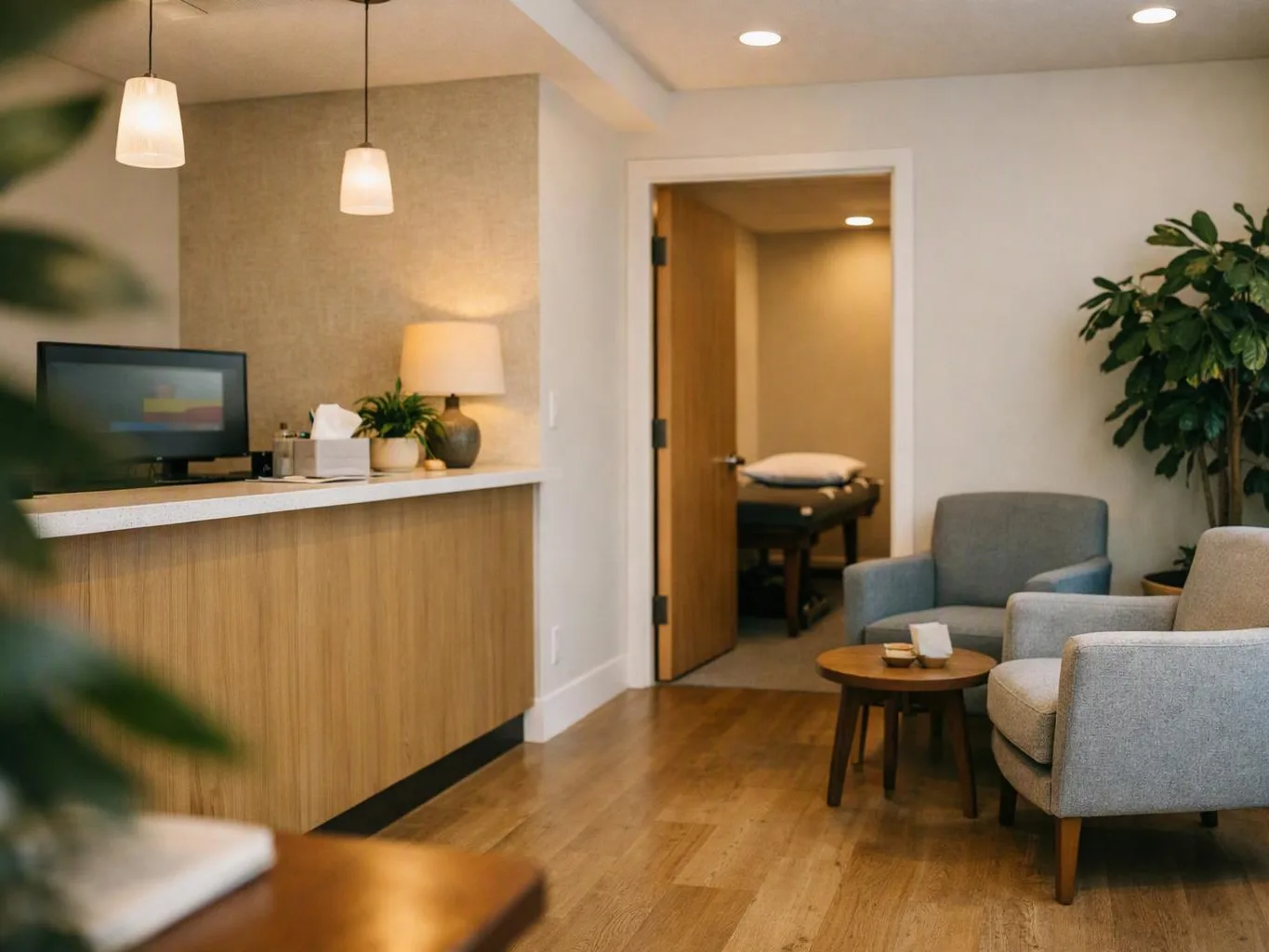A calm waiting room has gray chairs, a wood desk, and an open doorway to a treatment table