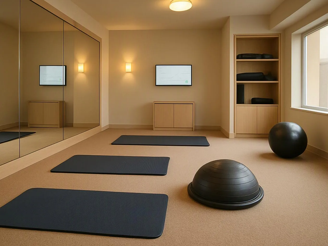 A calm workout room shows mats, exercise balls, wall mirrors, and soft beige walls with warm lighting