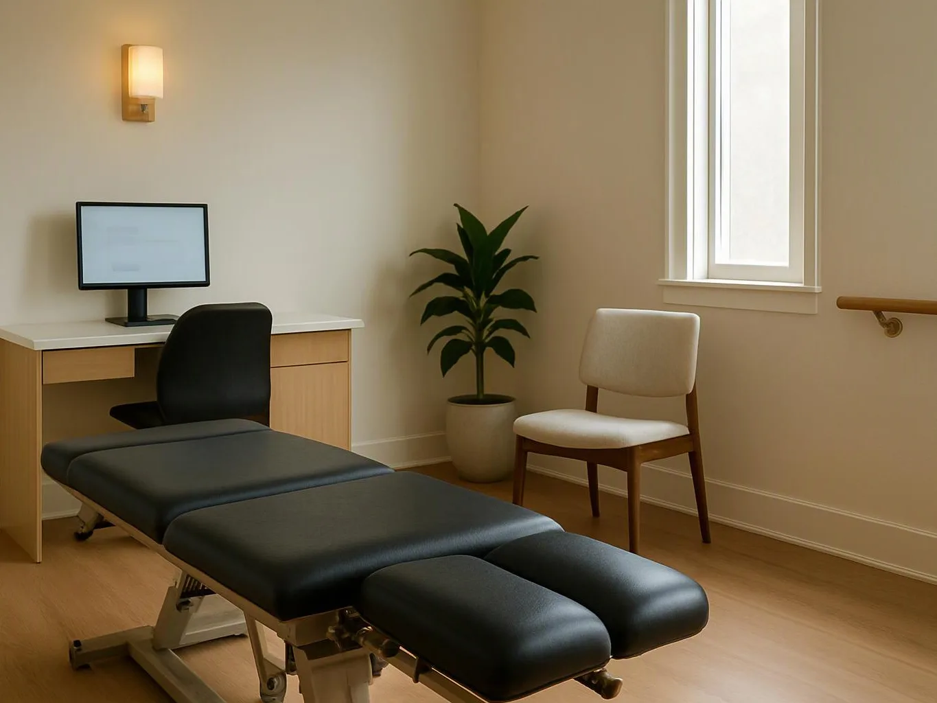 A clean exam room shows a padded treatment table, desk, chair, plant, and bright window light