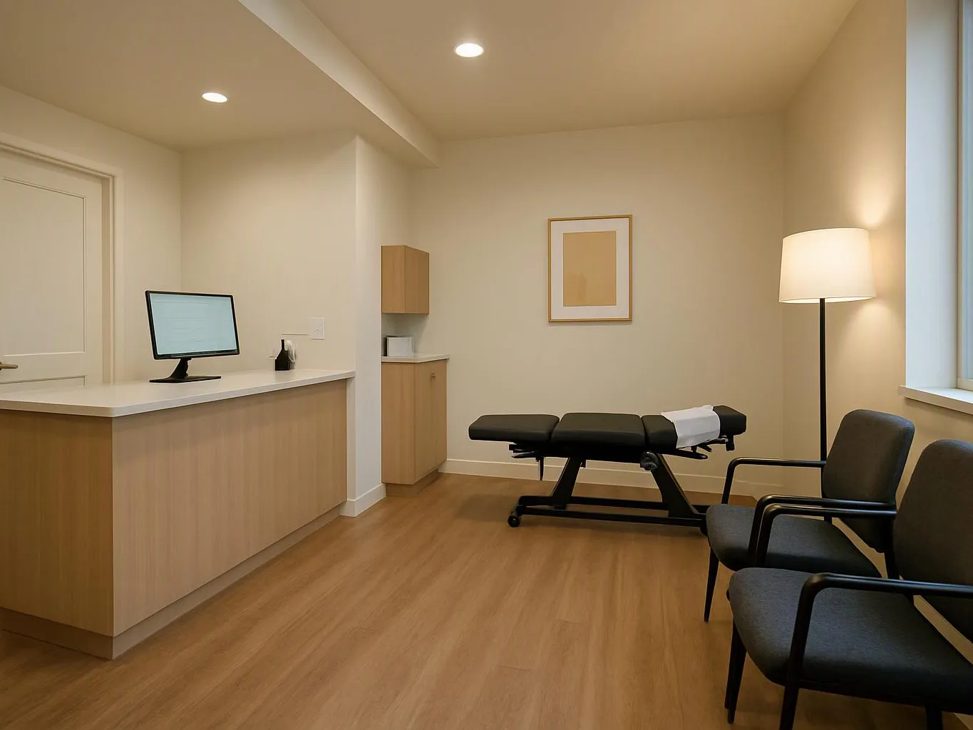 A clean exam room shows a reception counter, treatment table, chairs, and a floor lamp