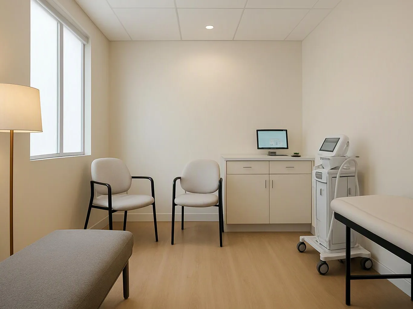 A clean medical exam room shows two chairs, an exam table, a lamp, cabinets, and a wheeled machine