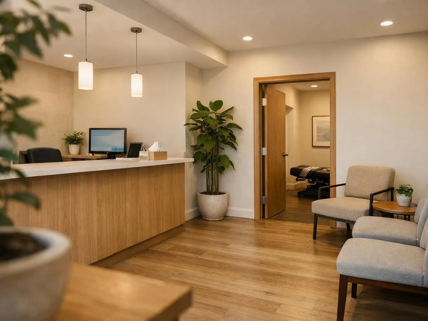 A clean reception area shows a wooden desk, gray waiting chairs, potted plants, and an open doorway to a treatment room