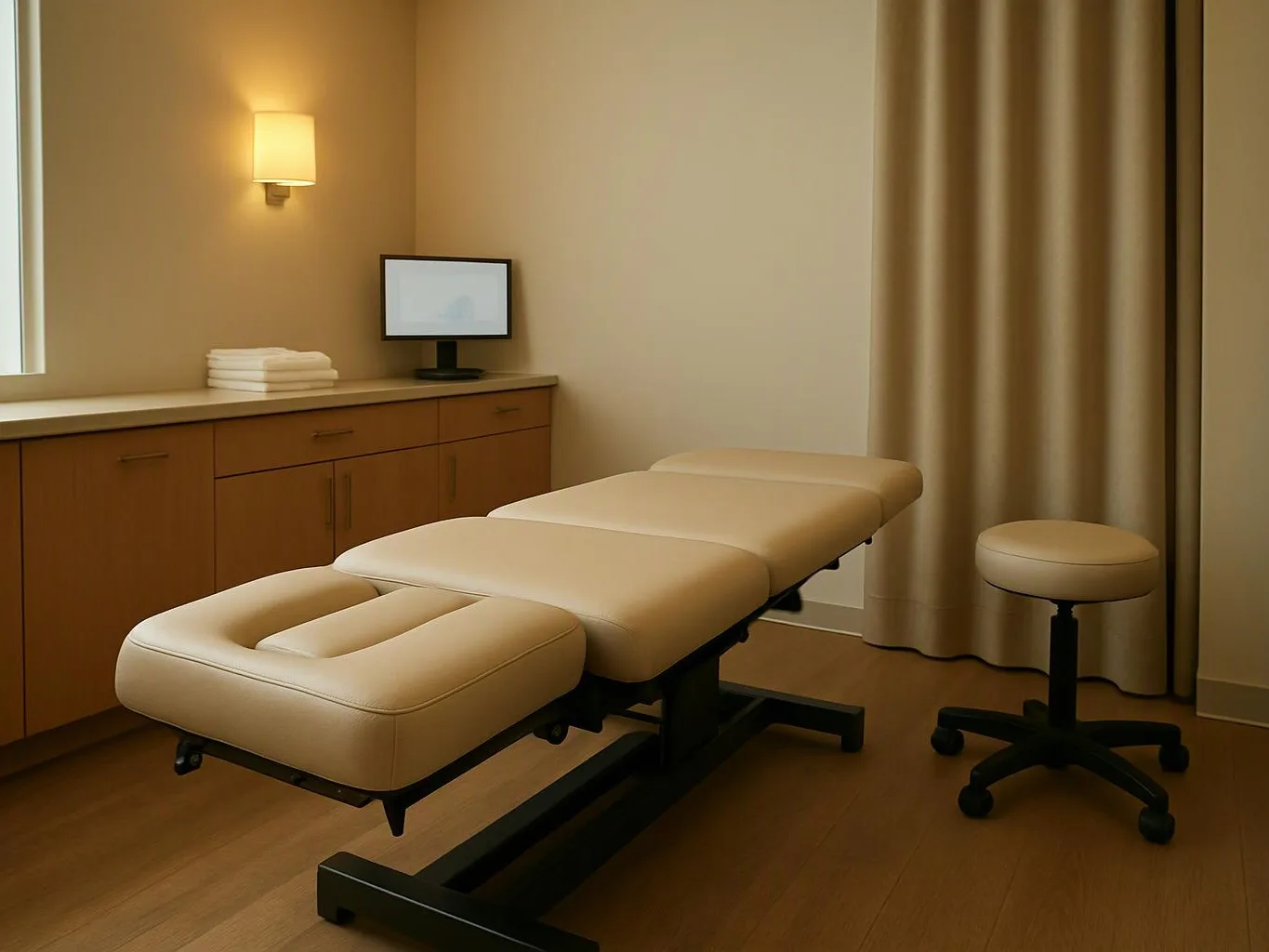 A clean treatment room shows a padded exam table, a stool, cabinets, and a wall lamp