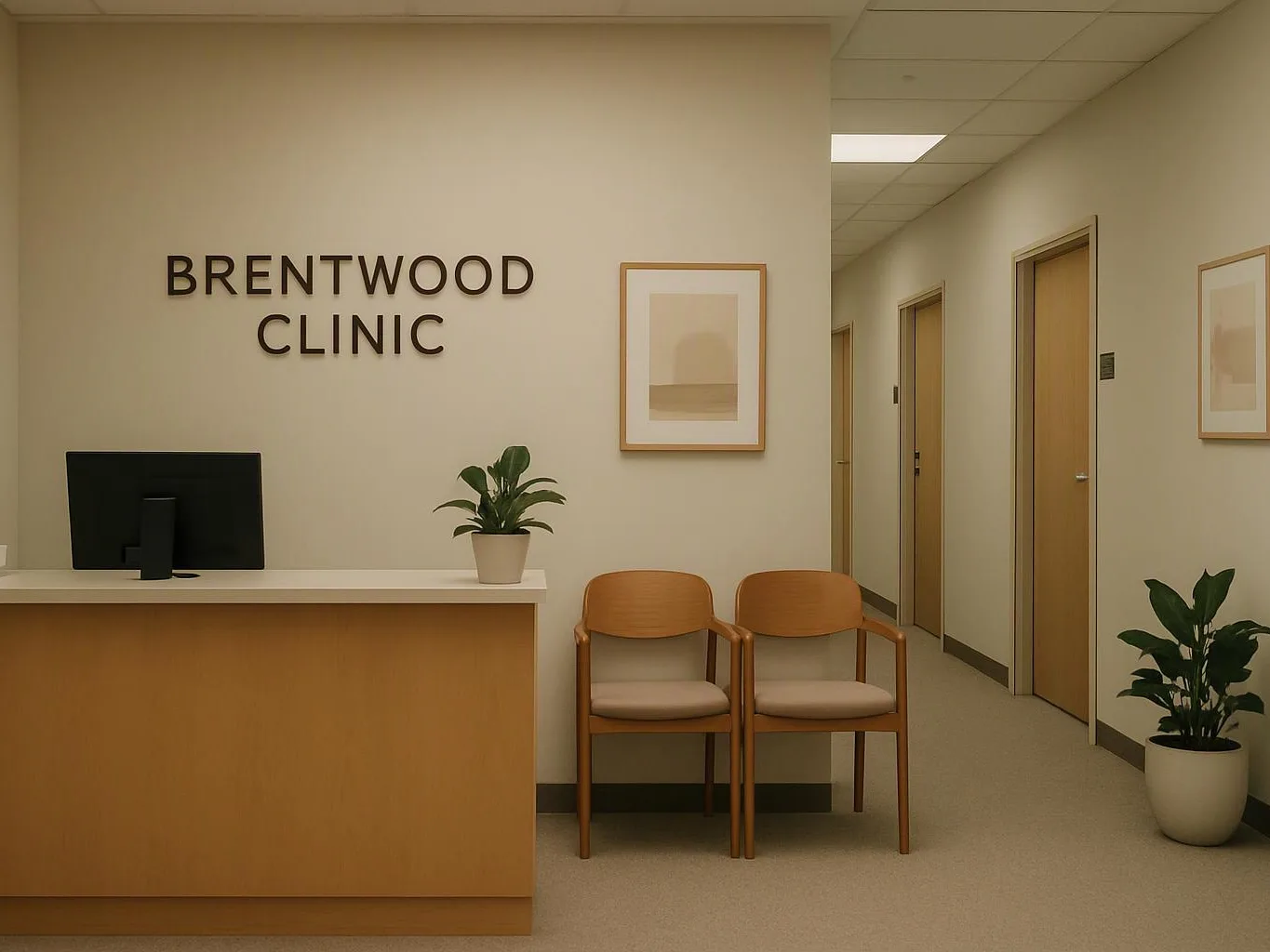 A clinic reception area shows a front desk, two chairs, potted plants, and hallway doors under soft lighting