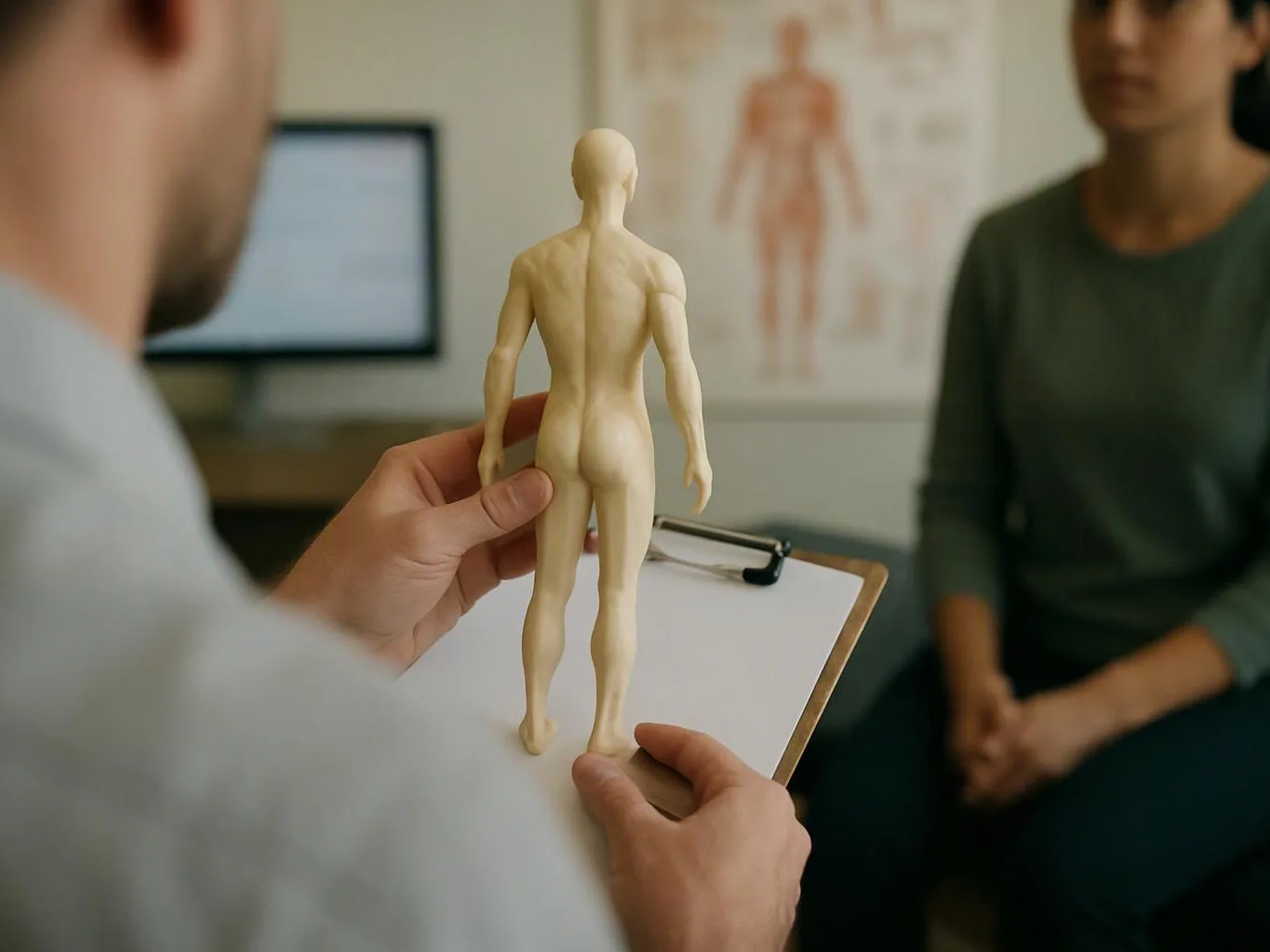 A clinician holds a small anatomical human model while speaking to a seated patient in an exam room