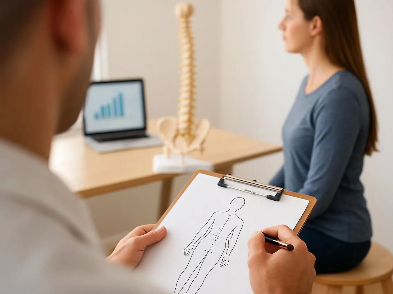 A clinician sketches a body outline on a clipboard while a seated woman waits beside a spine model and laptop