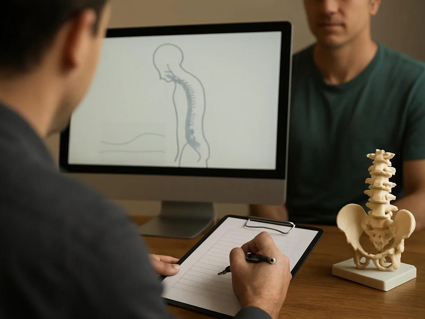 A clinician writes on a clipboard beside a computer showing a spine diagram and a pelvis model