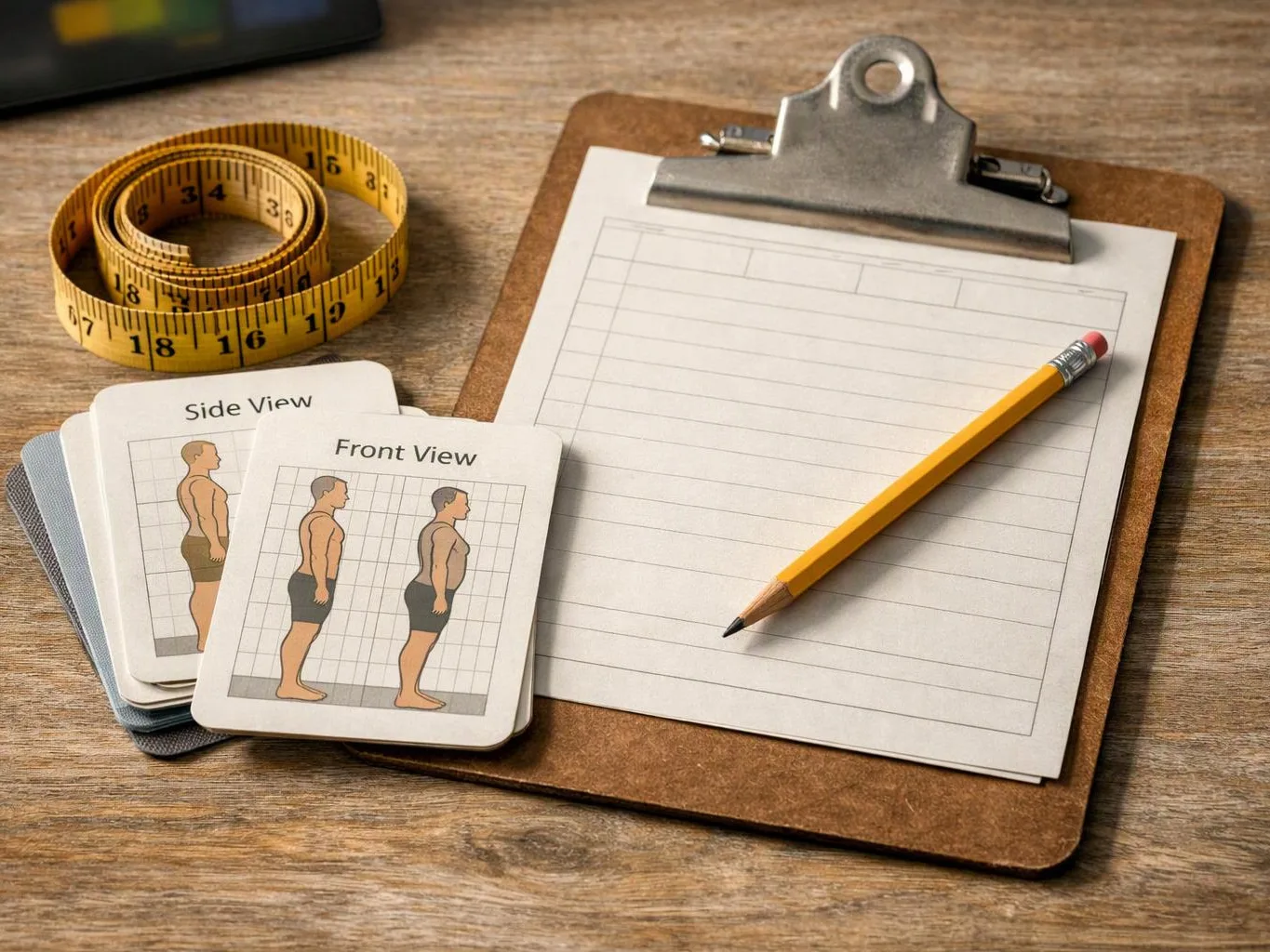 A clipboard, pencil, measuring tape, and body view cards sit on a wooden table