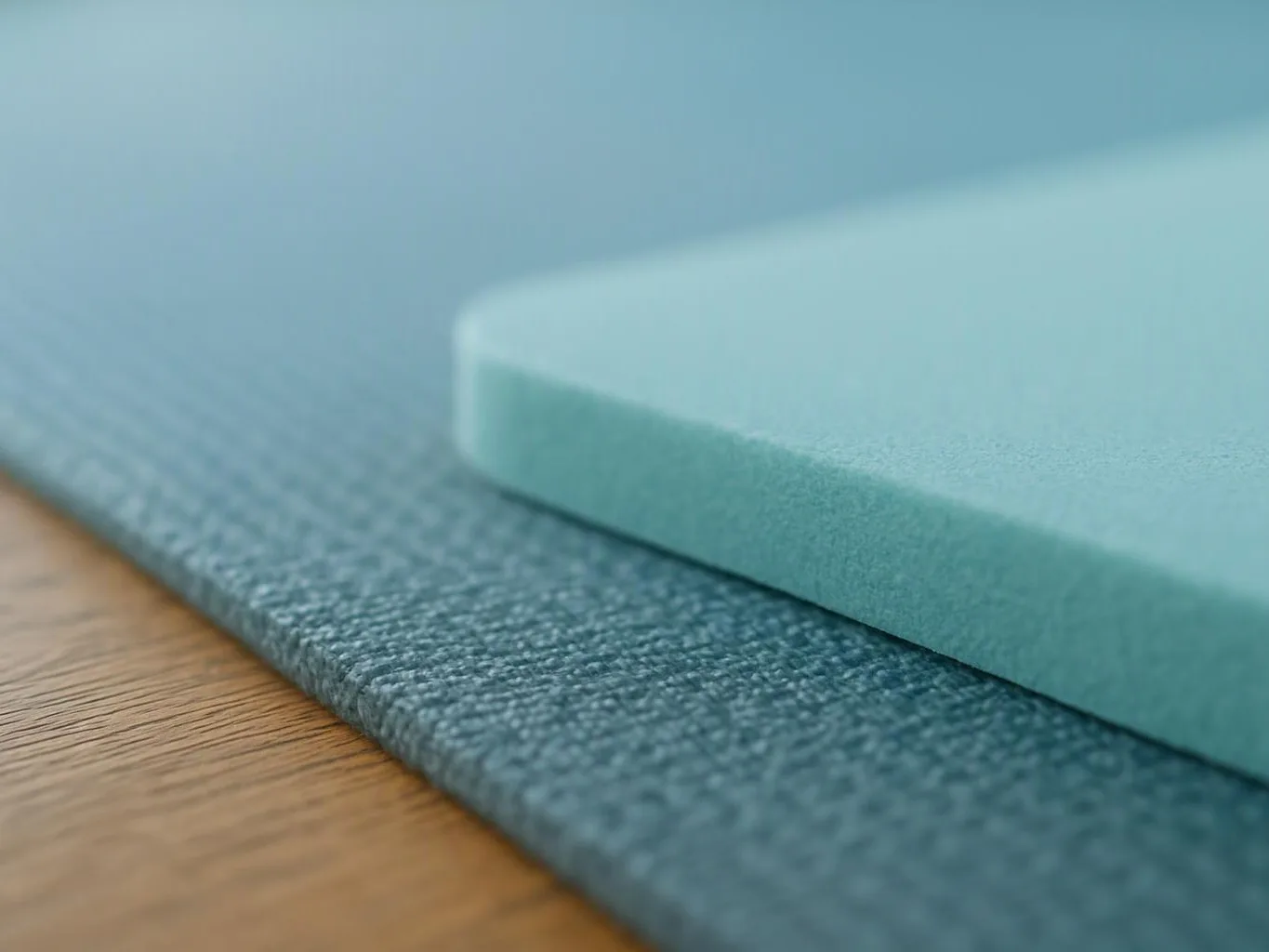 A close-up shows a light blue foam pad resting on a textured dark blue mat on a wooden surface