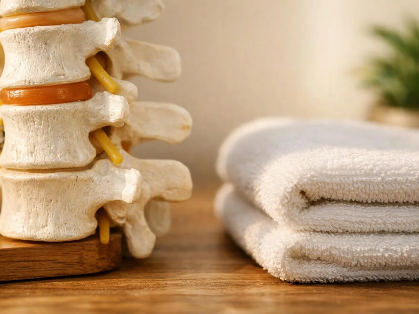 A close-up shows a spine model beside folded white towels on a wooden surface