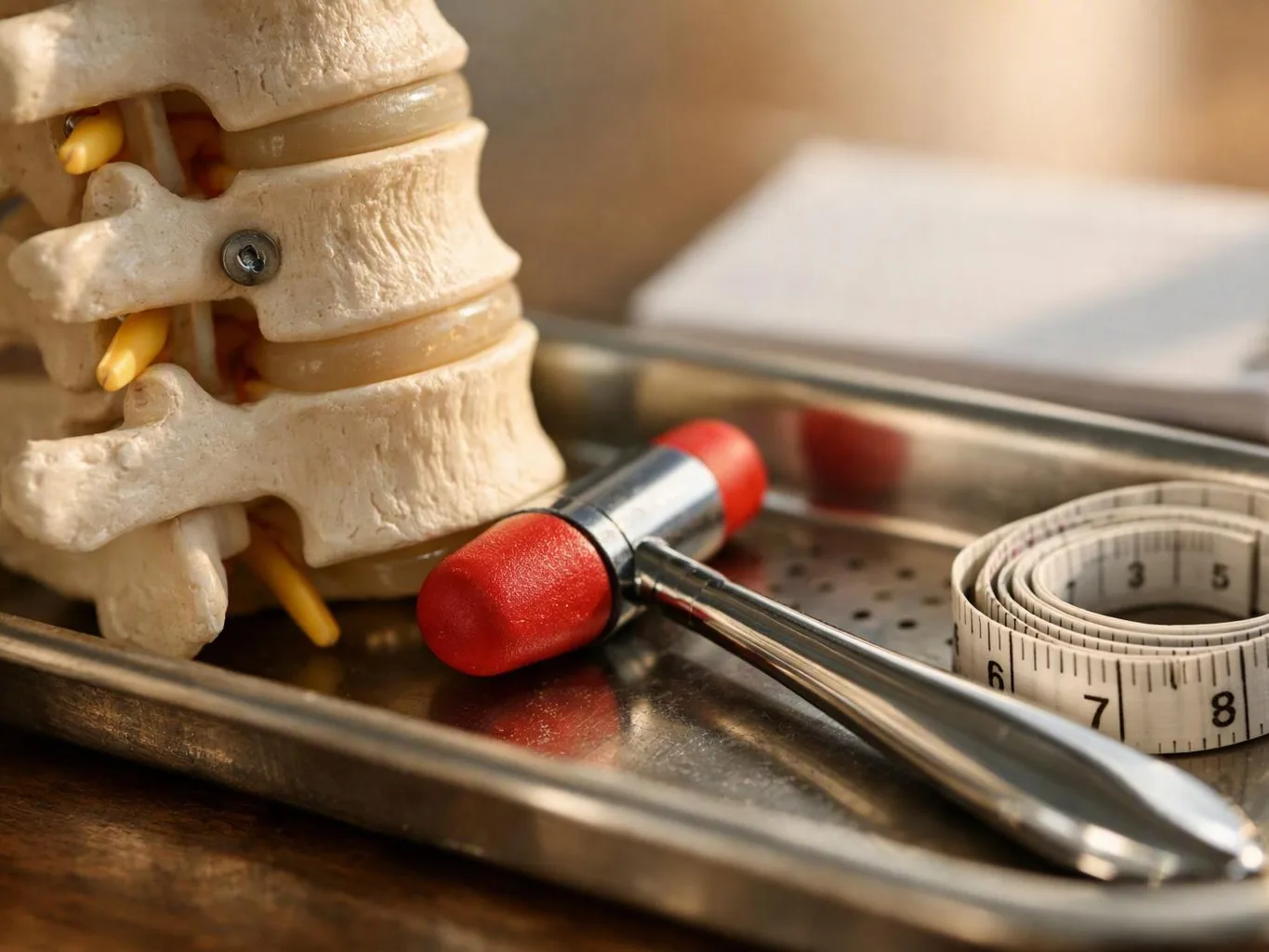 A close-up shows a spine model beside a reflex hammer and rolled measuring tape on a metal tray