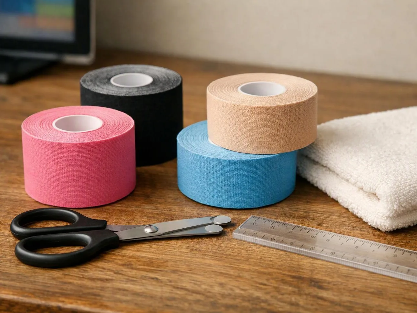 Colored rolls of athletic tape sit beside scissors, a ruler, and folded towels on a wooden table
