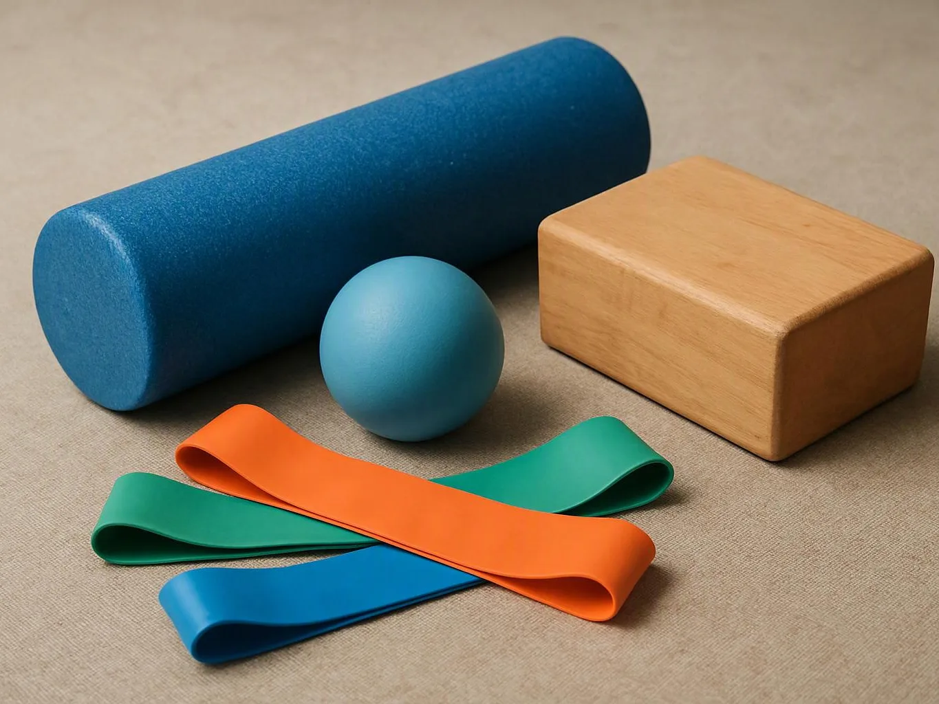 Colorful exercise props, including a foam roller, yoga ball, wooden block, and resistance bands on a fabric surface