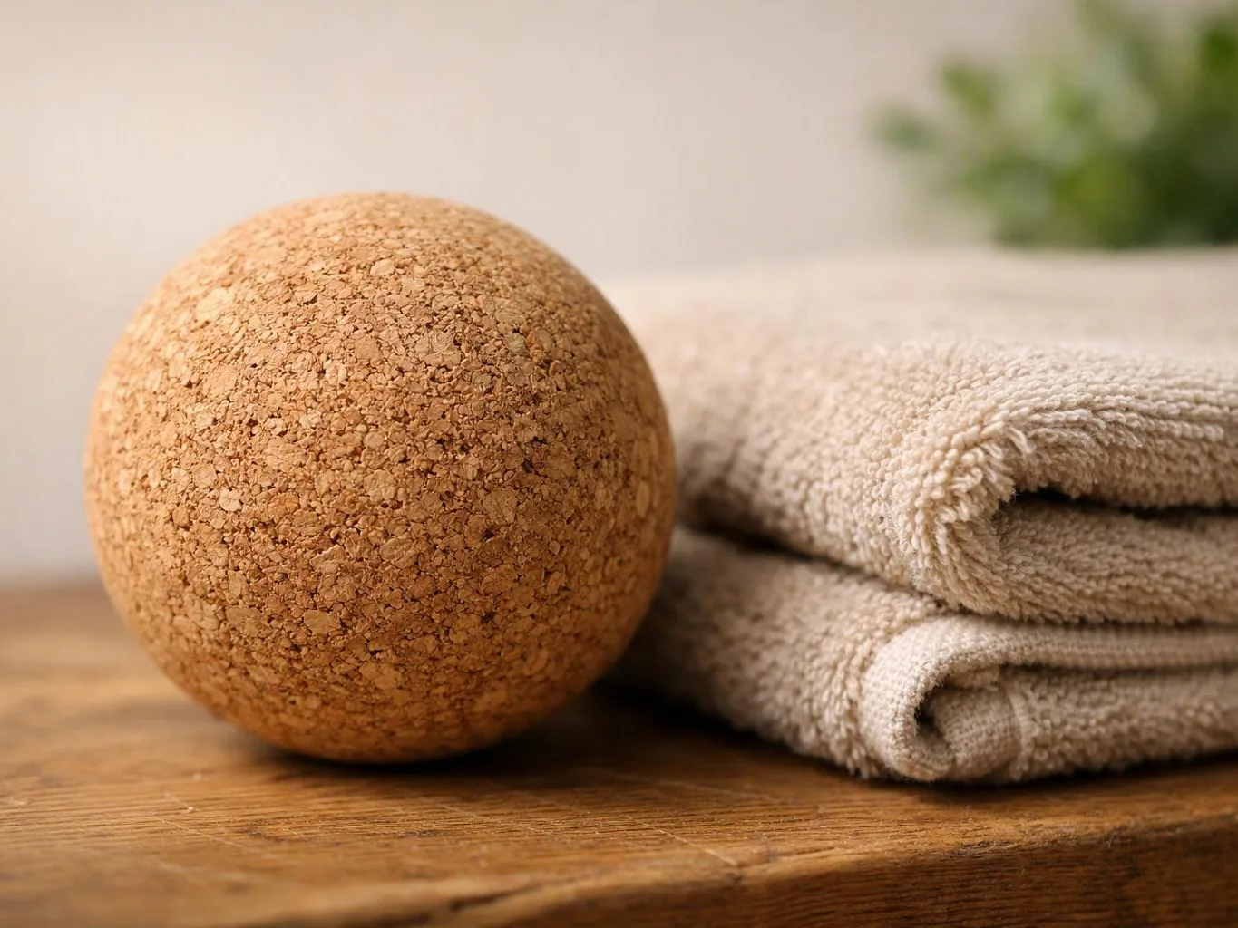 A cork massage ball sits beside folded beige towels on a wooden surface