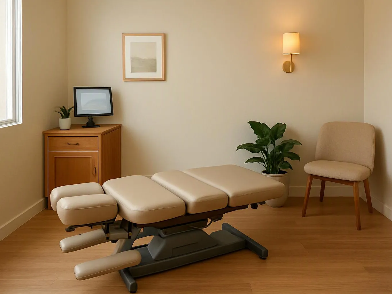 A cream treatment table sits in a softly lit room with a chair, cabinet, plant, and framed art on the wall