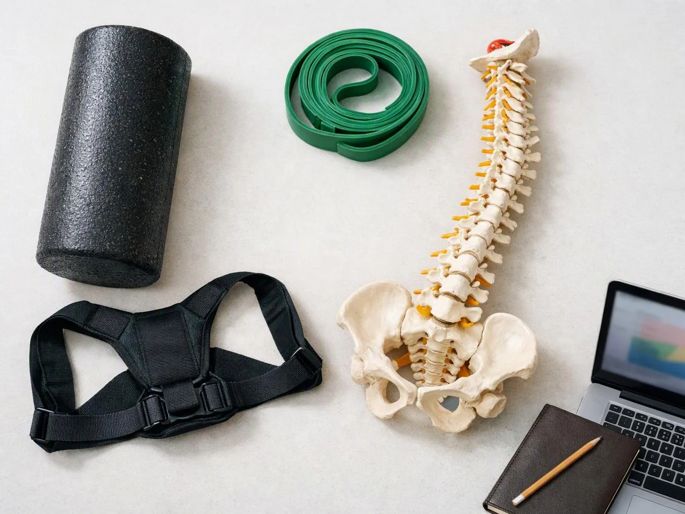 A desk holds a spine model, foam roller, resistance band, notebook, pencil, and laptop on a light surface