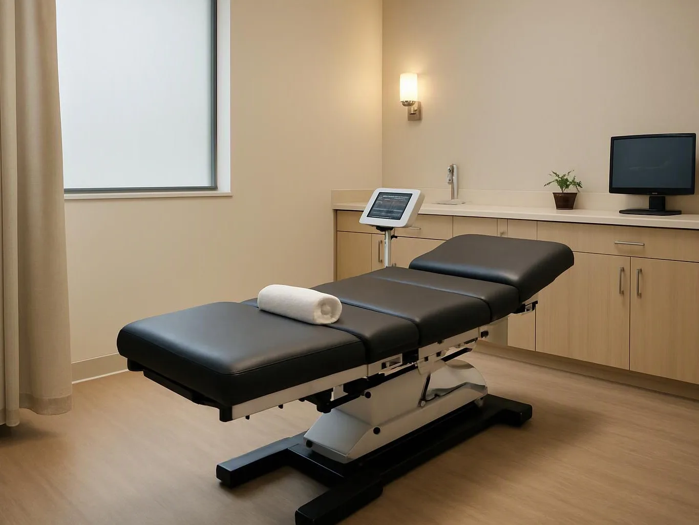 An empty exam room holds a black treatment table with a rolled towel, cabinets, sink, monitor, and frosted window