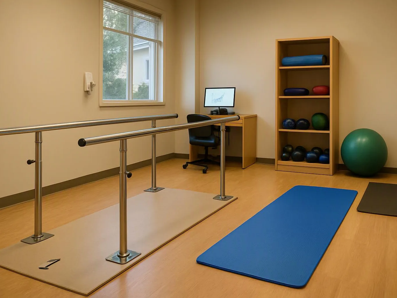 An empty therapy room shows parallel bars, exercise mats, a desk with a monitor, and shelves of balls