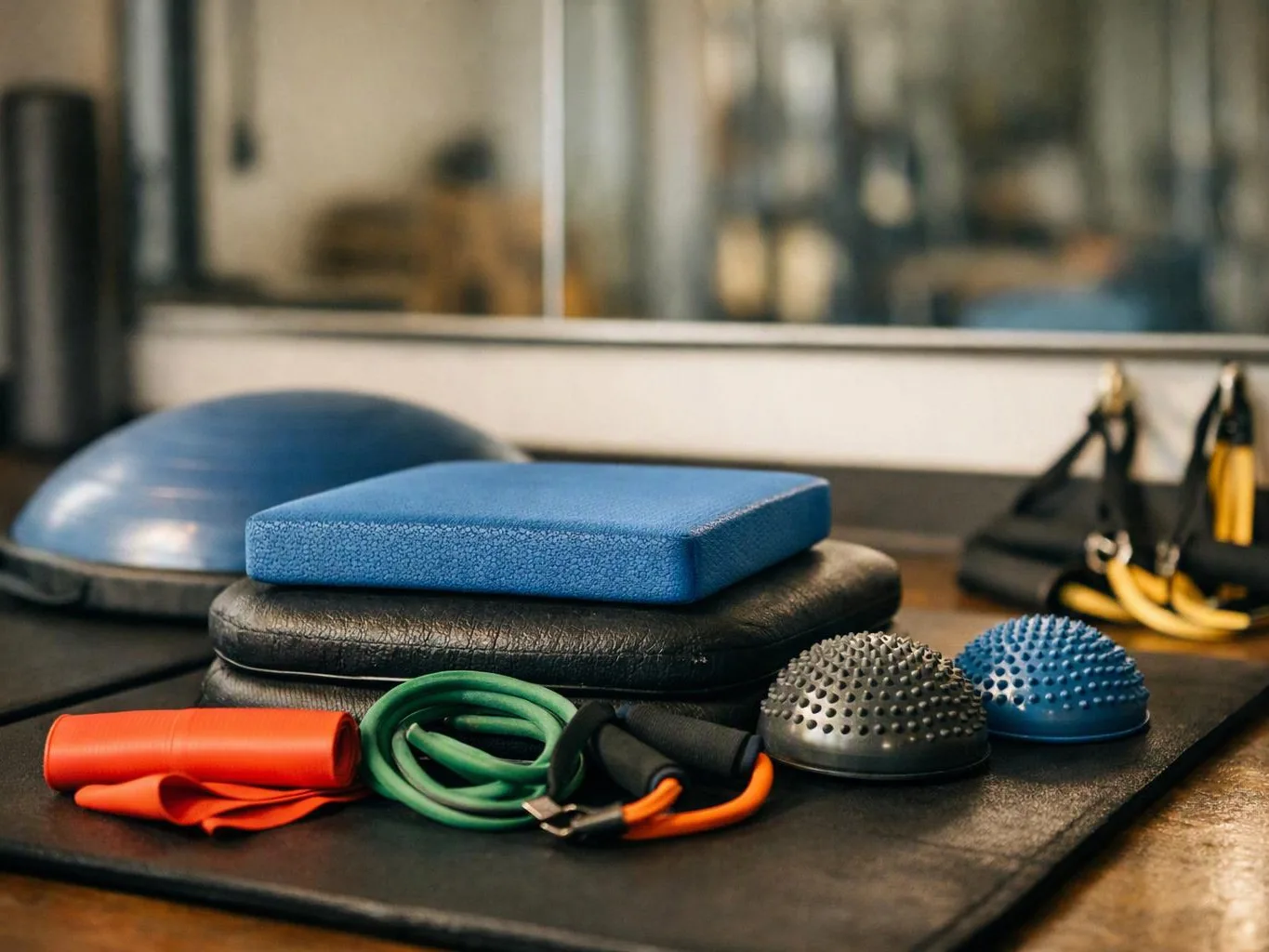 Exercise balance pads, resistance bands, and textured massage balls sit on a gym floor mat