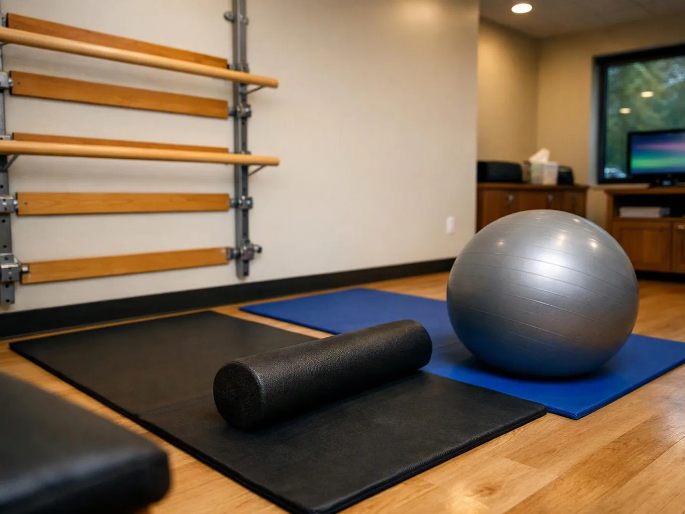 Exercise mats, a foam roller, and a gray stability ball sit in a quiet fitness room