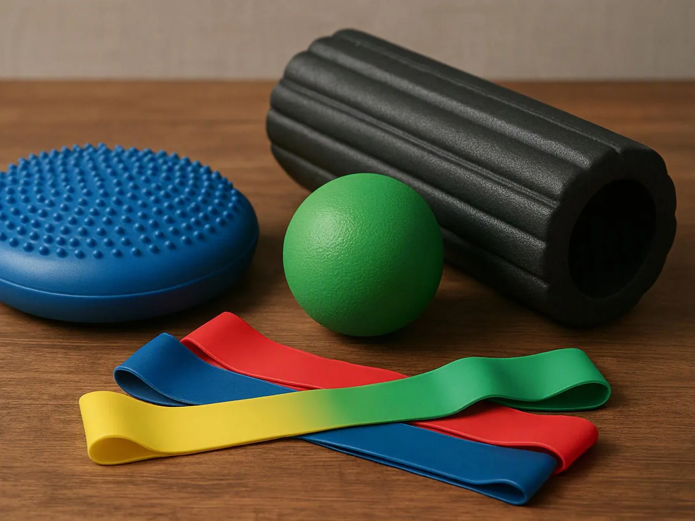 Exercise tools sit on a wooden table, including a blue balance disc, foam roller, ball, and resistance bands