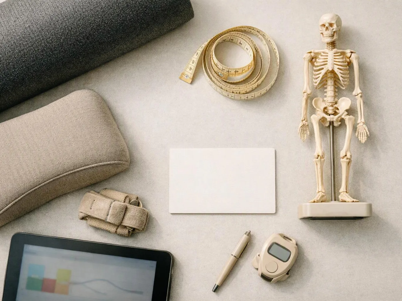 A flat lay shows sewing tools, fabric rolls, a tape measure, a blank card, a pen, a tablet, and a small skeleton model