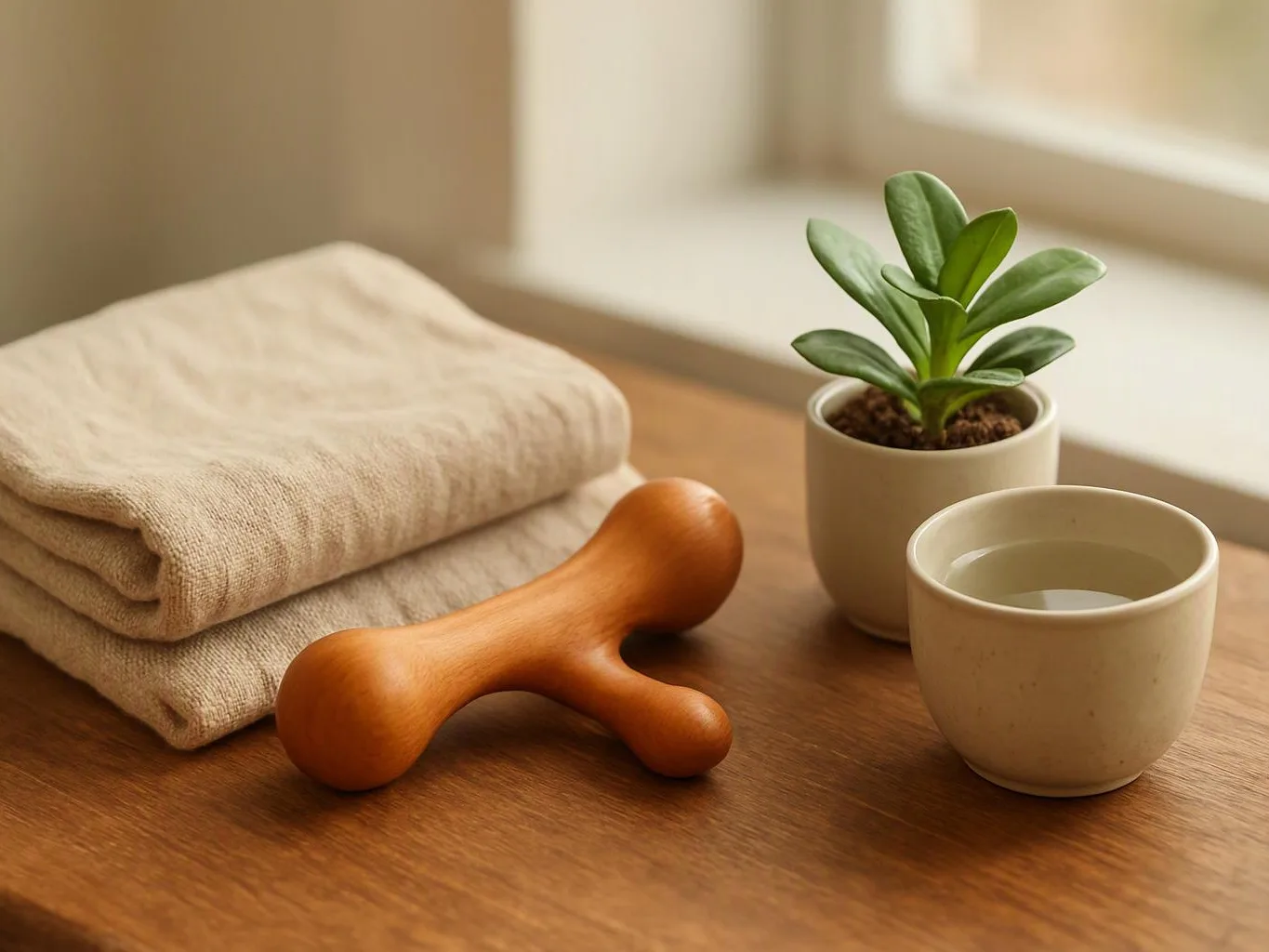 Folded beige towels, a wooden massage tool, a potted plant, and a small cup sit on a wooden table by a window