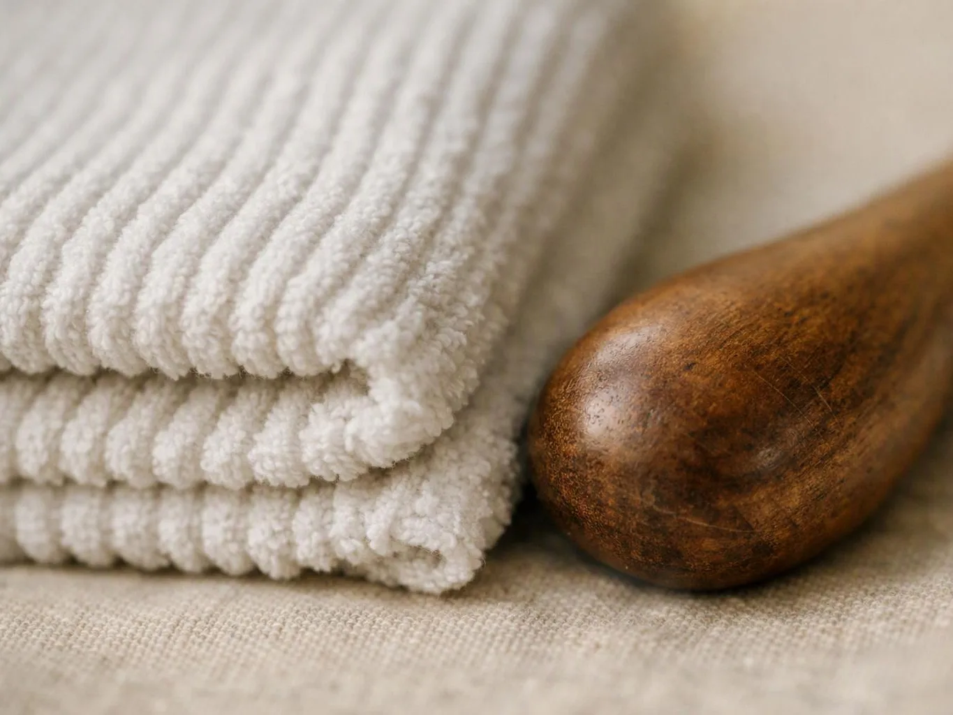 Folded white towels rest beside a wooden massage tool on a beige surface