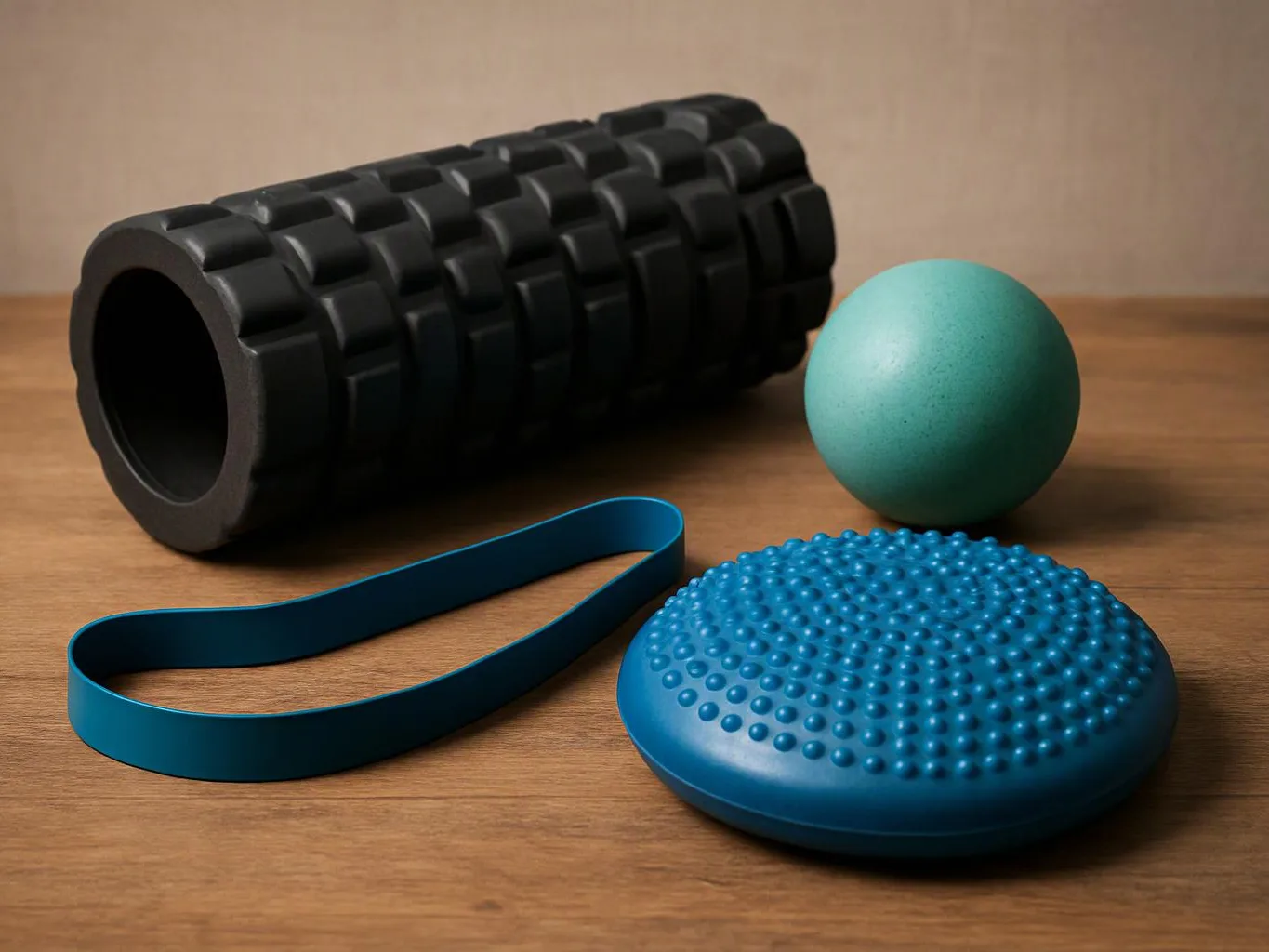 Four exercise tools sit on a wooden surface, including a foam roller, ball, strap, and textured balance disc