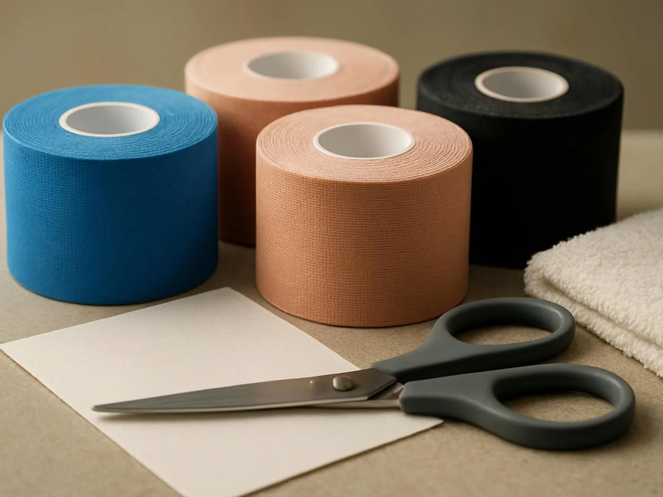 Four rolls of athletic tape sit beside scissors, a folded towel, and a blank sheet on a table