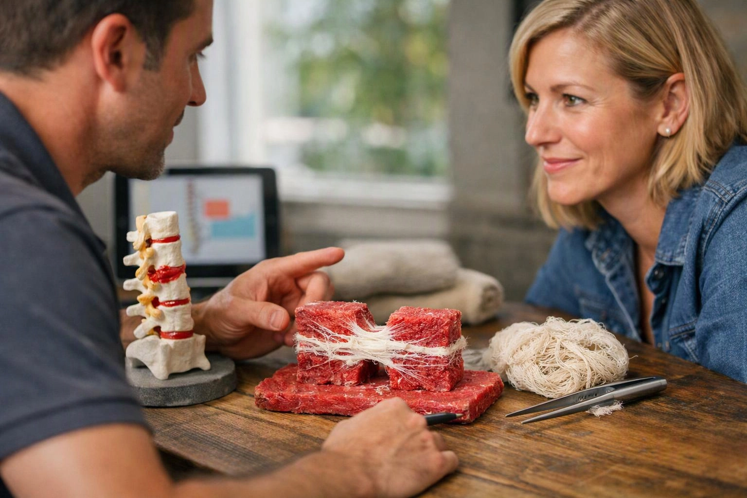 A man points at a spine model and red tissue models while talking to a woman across a table