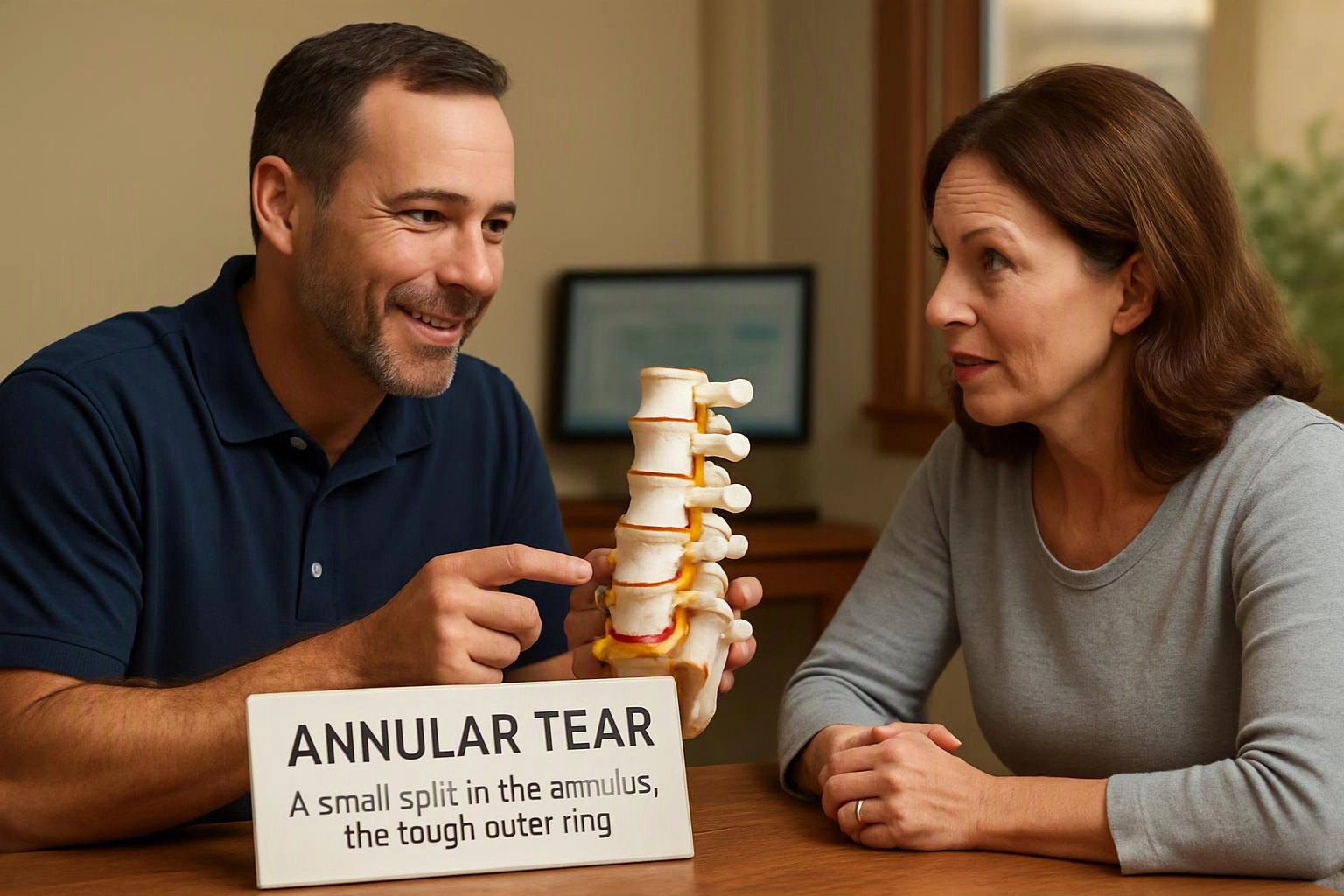 A man points at a spine model while talking to a woman beside a sign reading "ANNULAR TEAR"