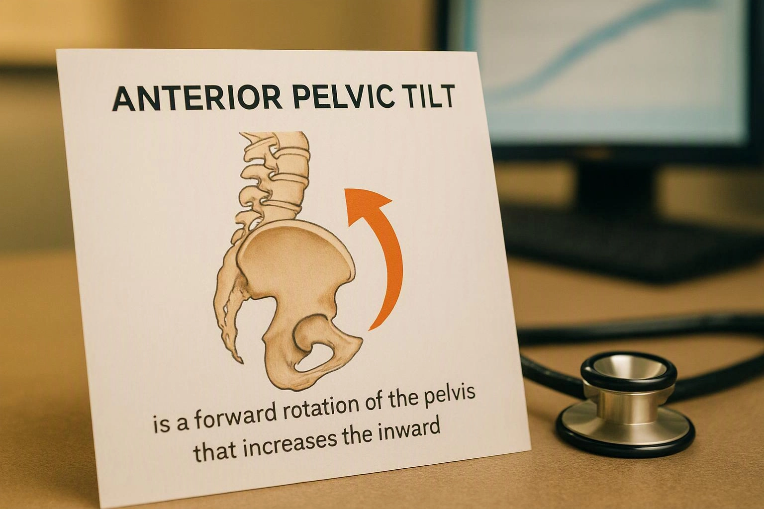 An anatomy card titled anterior pelvic tilt stands beside a stethoscope on a desk with a blurred monitor behind it