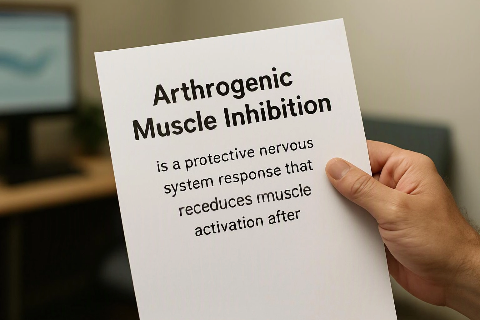 A hand holds a white paper with bold text about arthrogenic muscle inhibition in an office setting