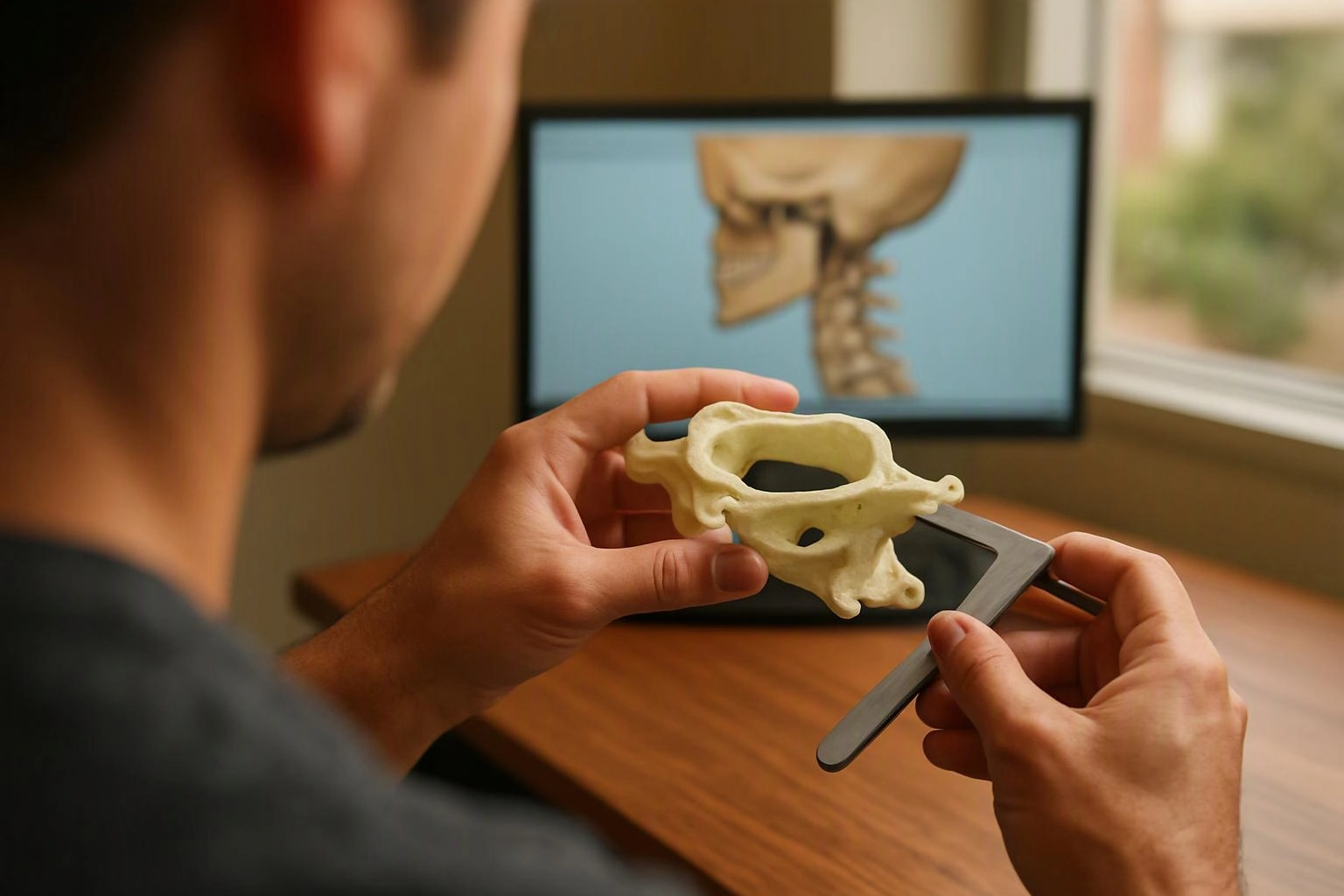 A person holds a bone model and a dark tool while a skeleton diagram glows on a monitor behind them