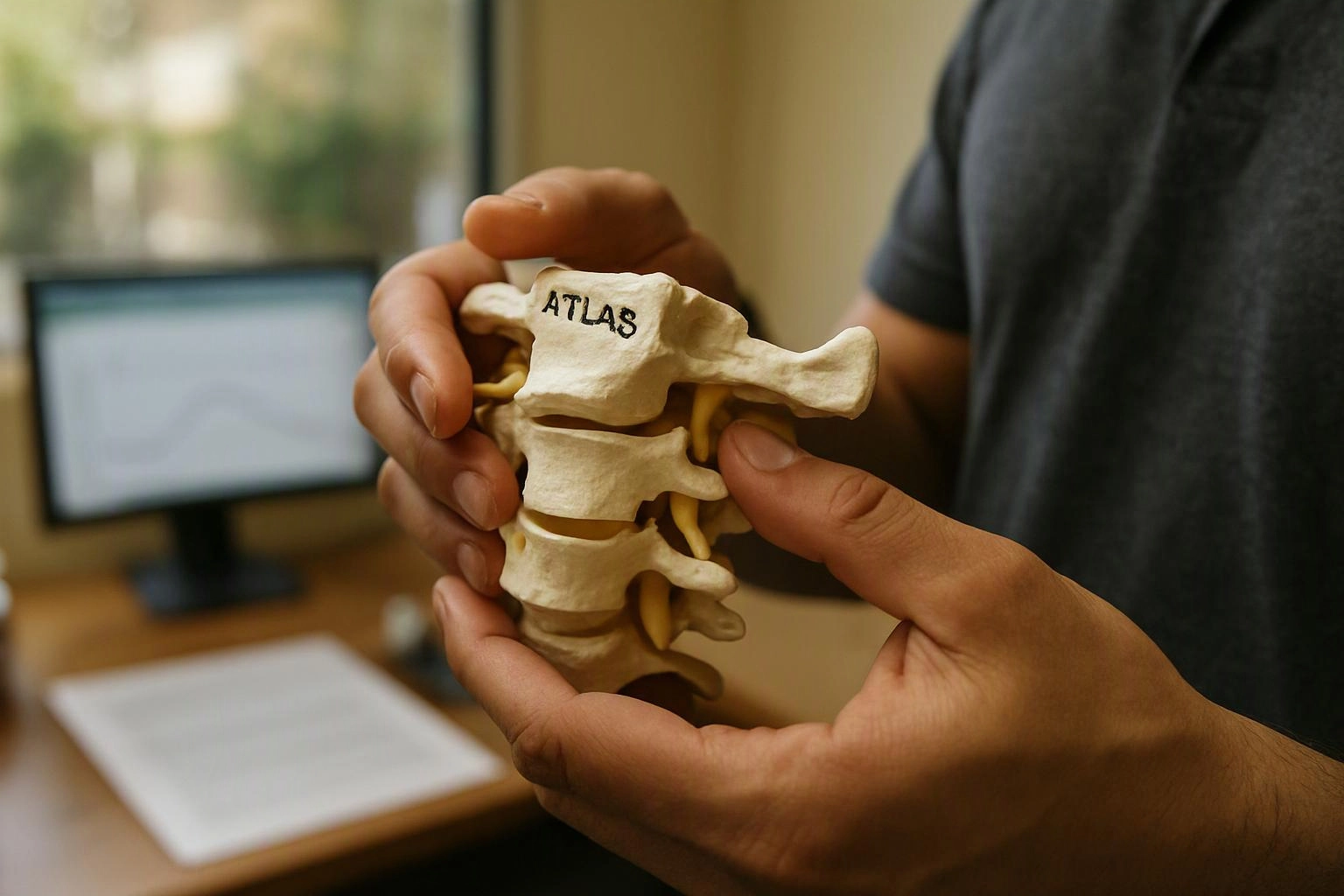 A person holds a labeled spine model close to the camera in a softly lit office setting