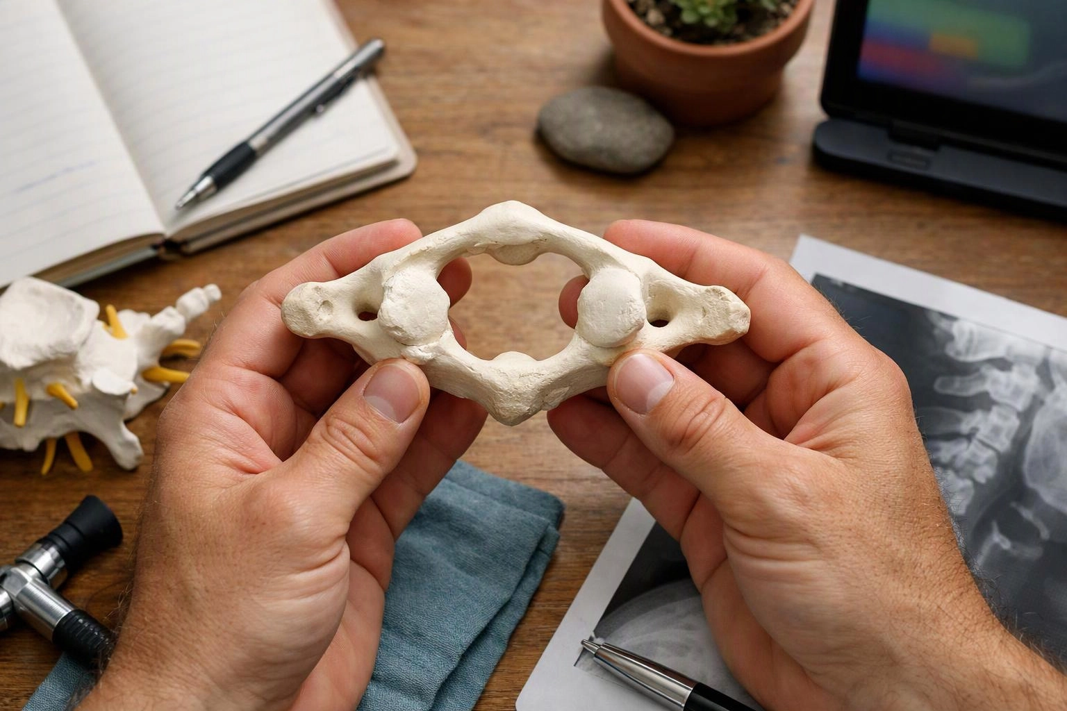 Hands hold a white spine model over a wooden desk with X-ray images and medical tools around it