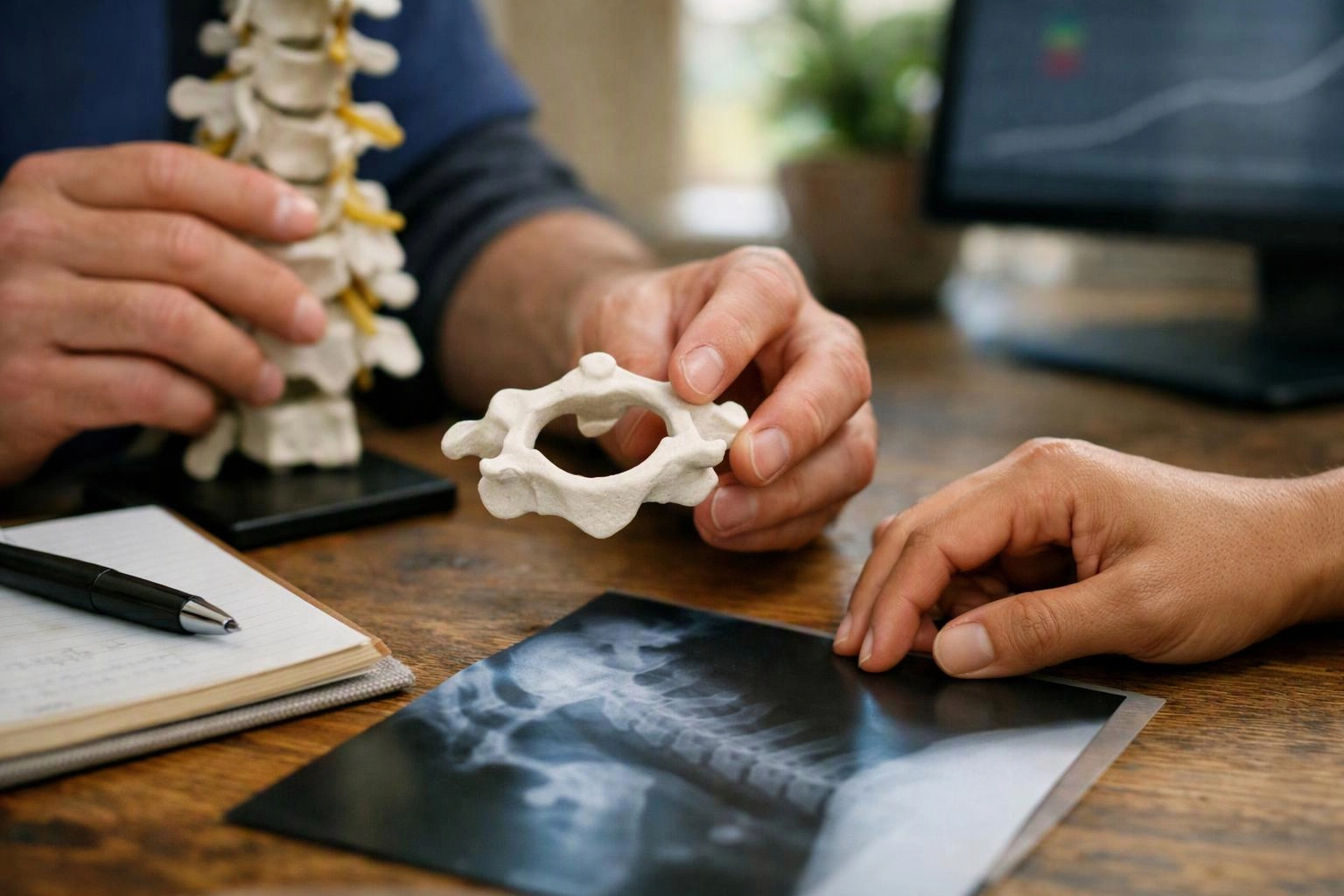 Hands examine a spine model and X-ray on a wooden desk in a clinic-like office