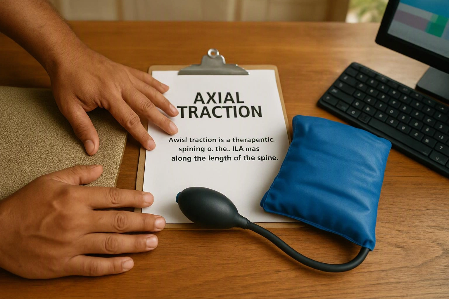 Hands rest beside a clipboard labeled axial traction, with a blood pressure cuff and keyboard on a wooden desk
