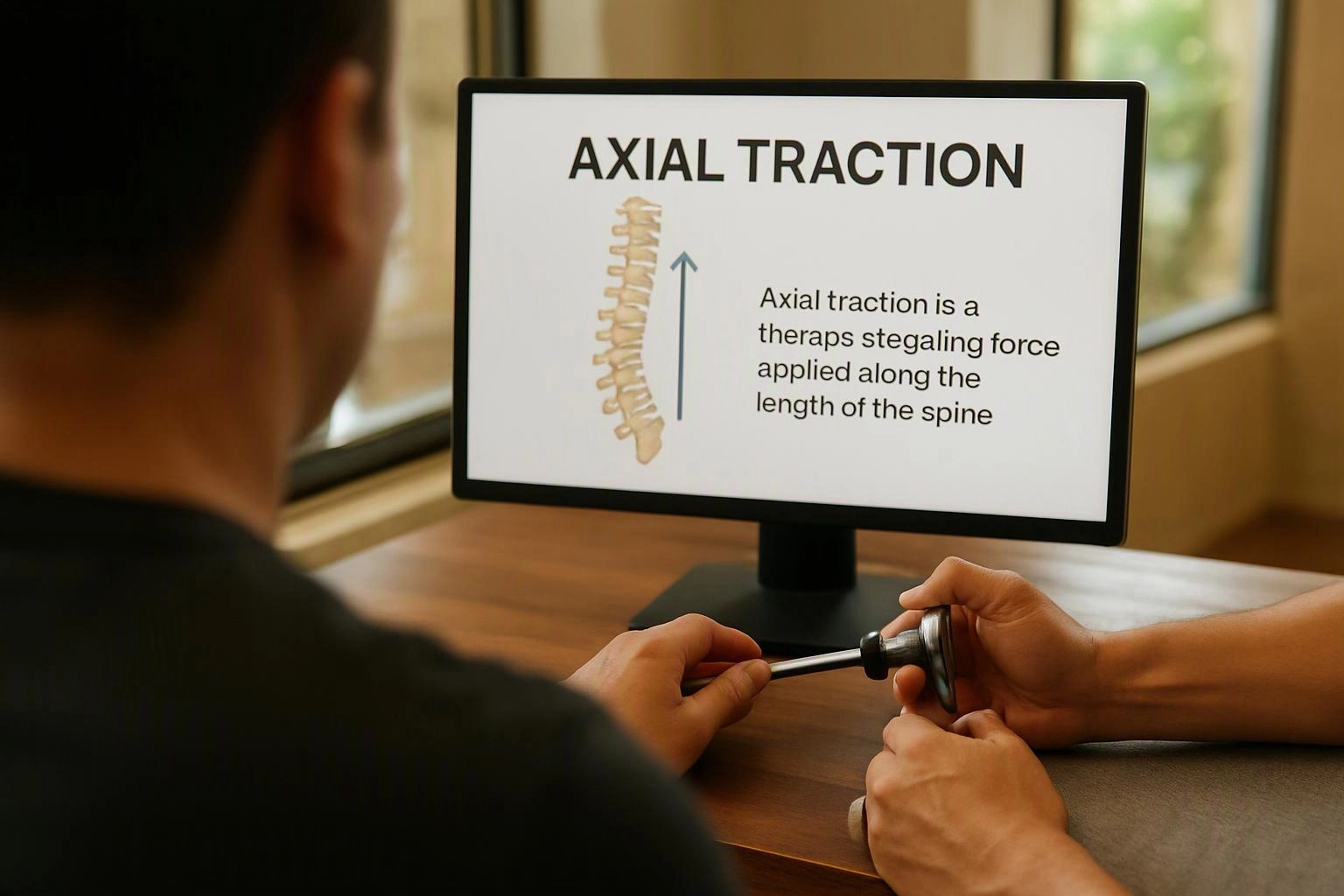 A person watches a monitor showing an axial traction spine diagram while hands hold a medical tool at a wooden table