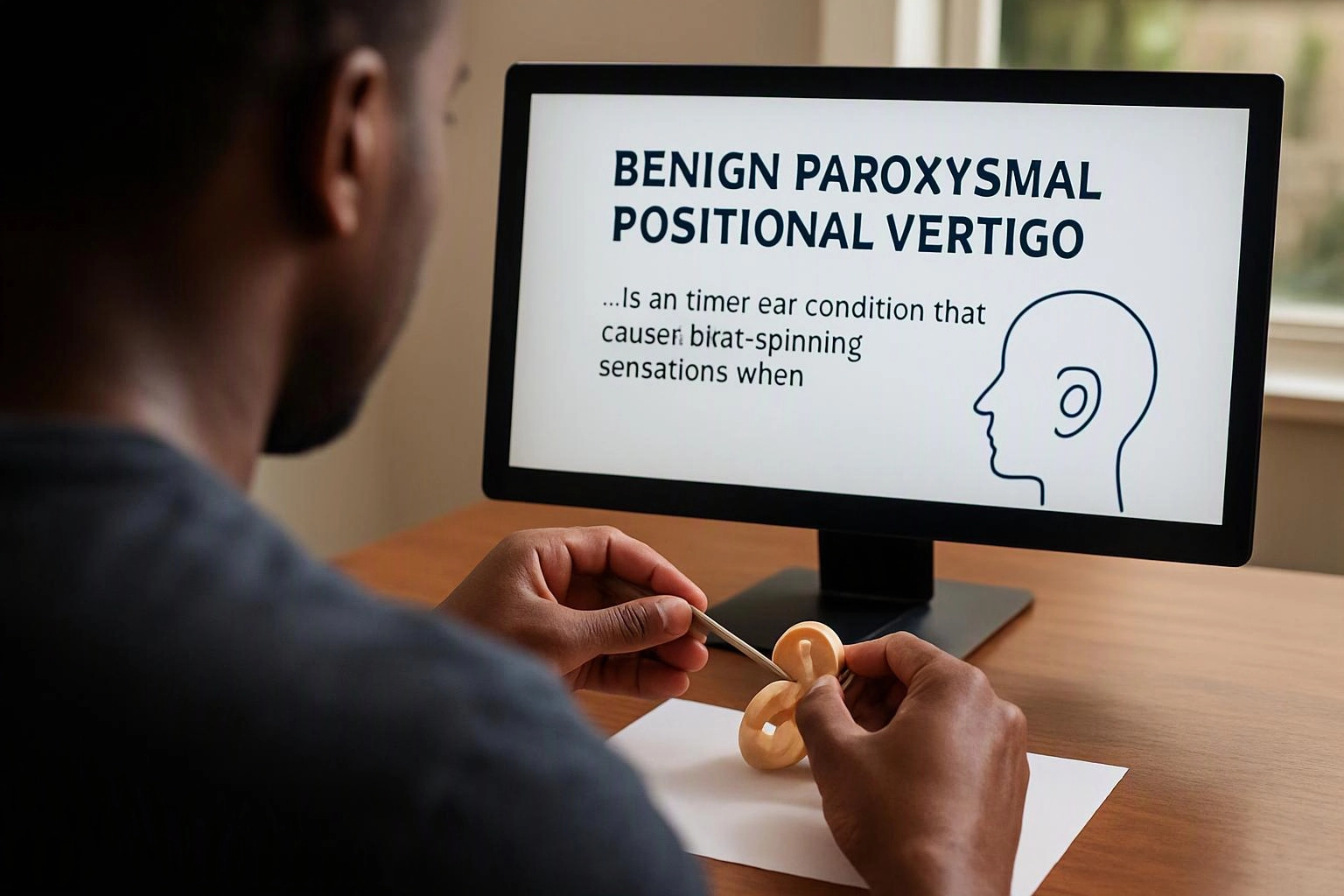 A person sits at a desk, holding an ear model while a monitor shows a vertigo information slide