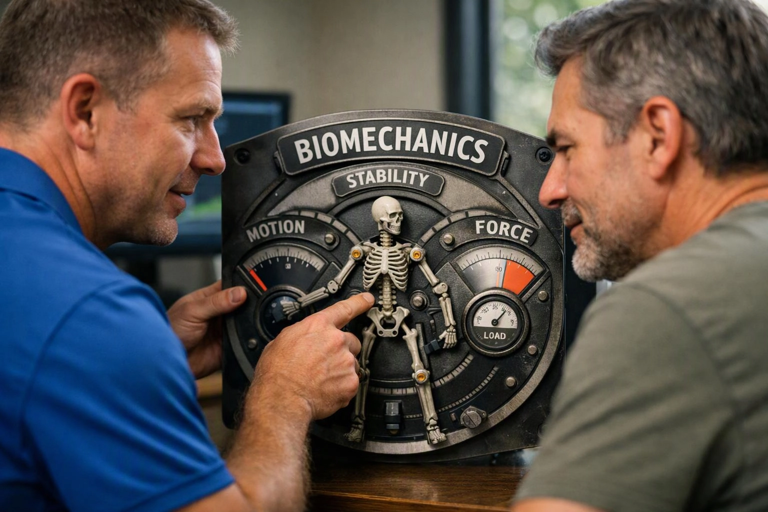 Two men study a biomechanical display with a skeleton model, gauges, and the words motion, stability, force, and load