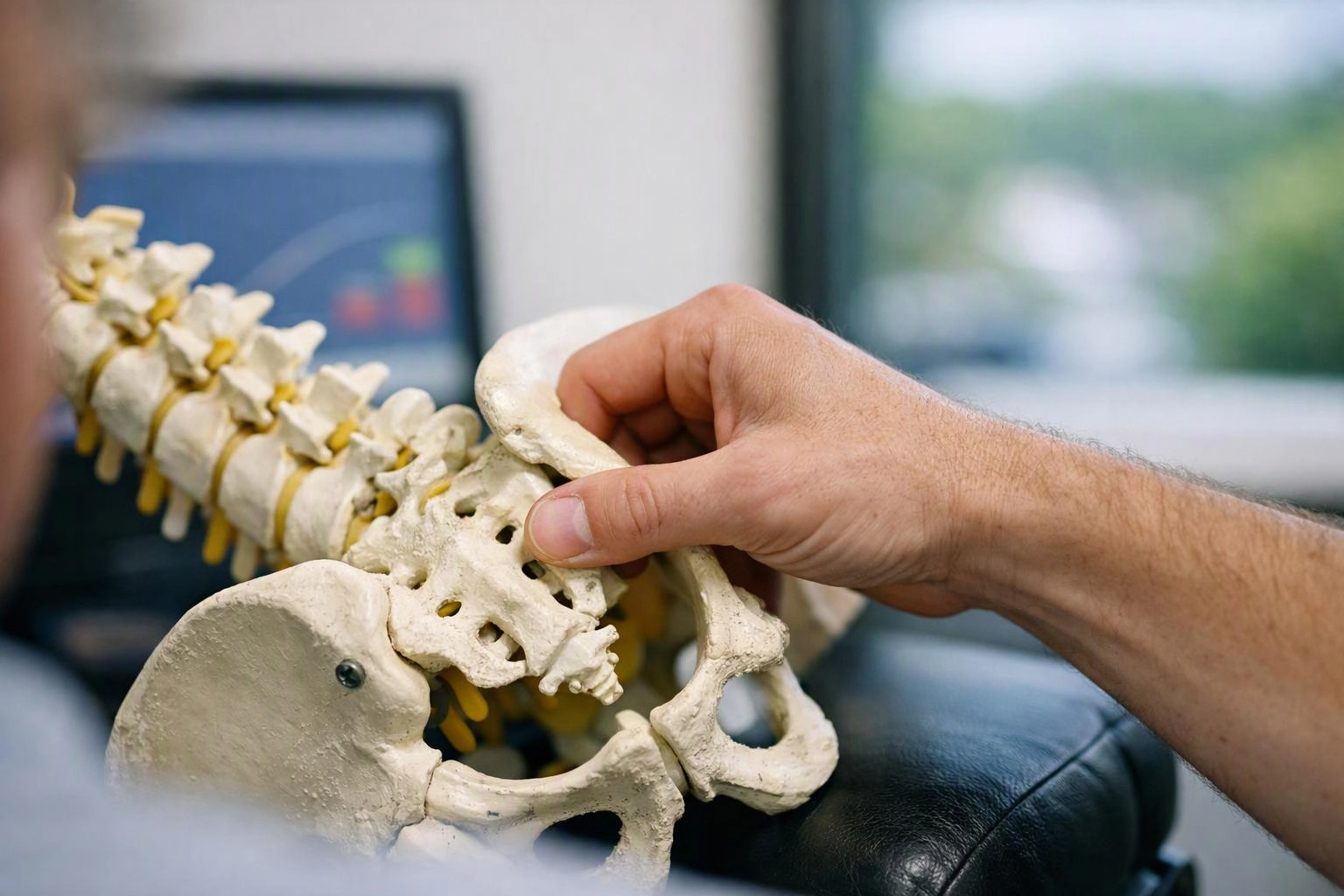 A hand holds a spine model with pelvis bones, on a dark chair beside a blurred computer screen