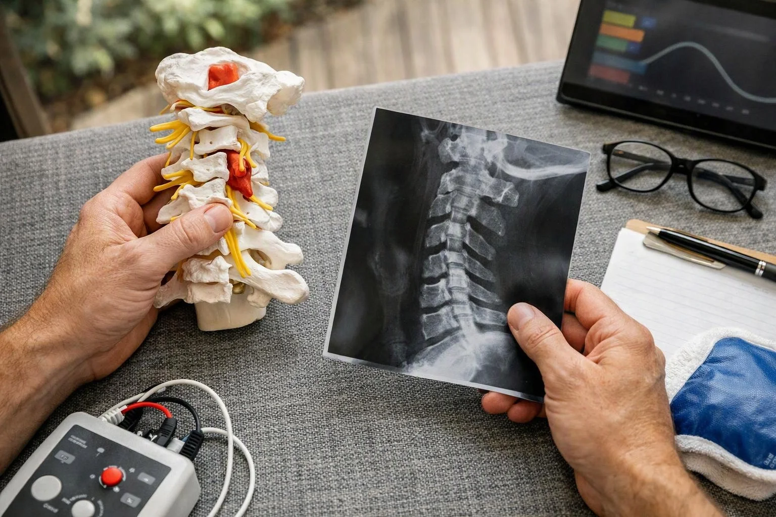 Hands hold a neck spine model and a cervical X-ray over a gray tabletop with glasses and a notebook nearby