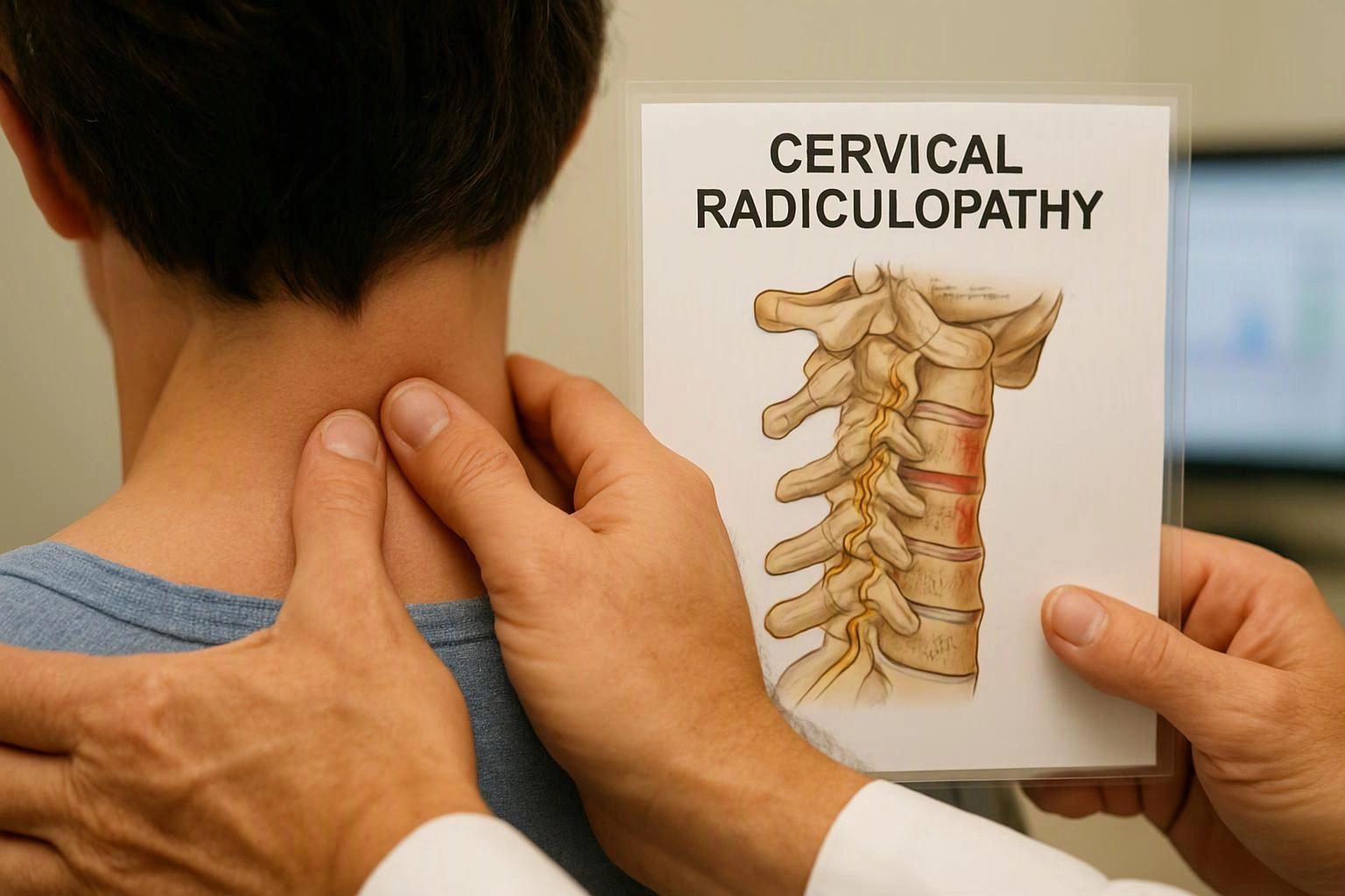 A clinician presses a person’s neck while holding a cervical radiculopathy diagram card nearby