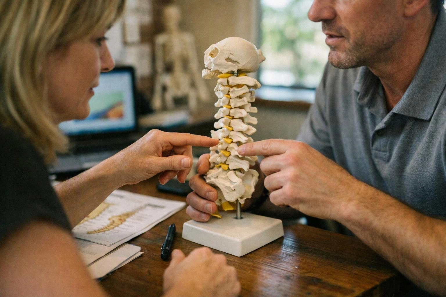 Two people point at a model spine on a desk in a clinic or classroom setting