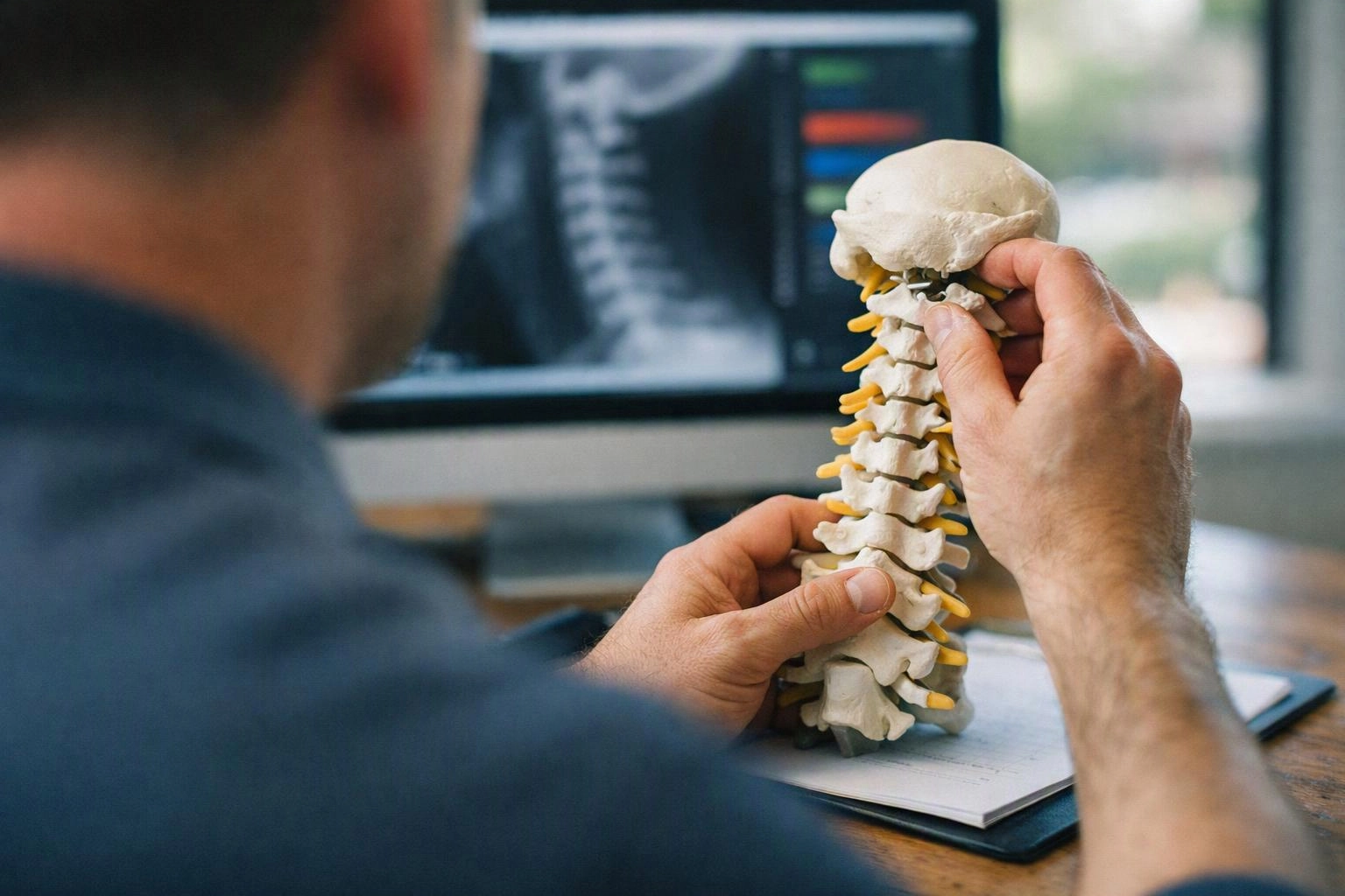 A person examines a spine model at a desk with an X-ray on a computer screen behind them