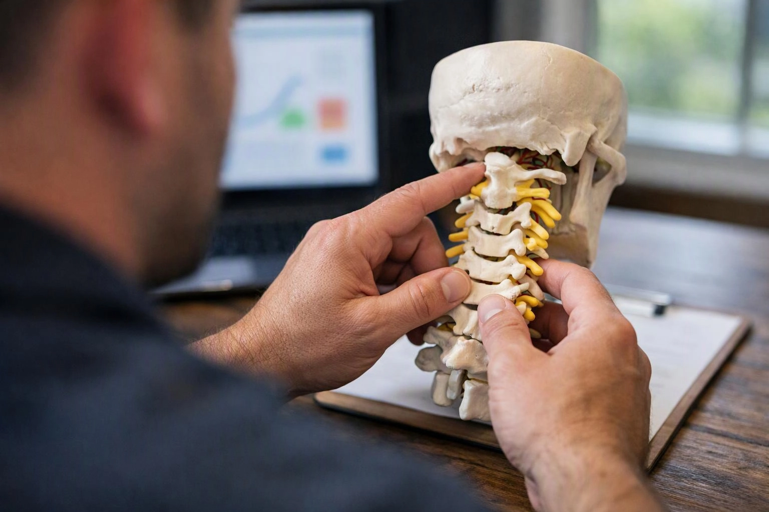 A person studies a neck spine model with both hands beside a blurred laptop on a desk